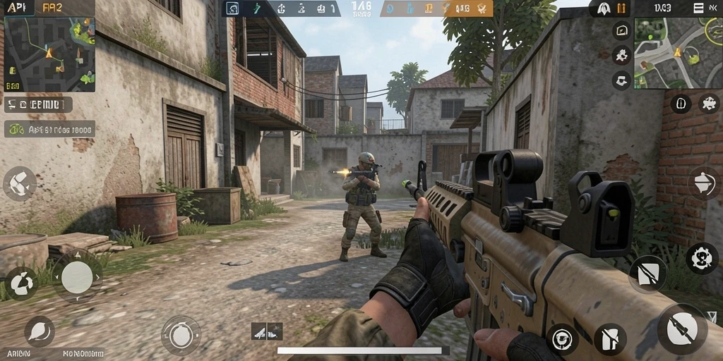 Screenshot gameplay API33 menampilkan aksi seru dalam pertempuran FPS.