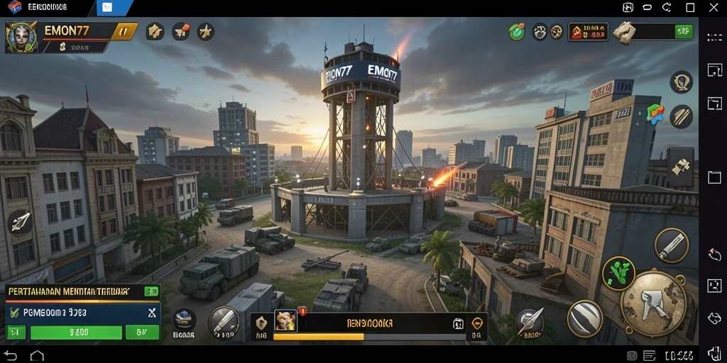 Screenshot utama EMON77 yang menunjukkan gameplay Tower Defense yang menegangkan.