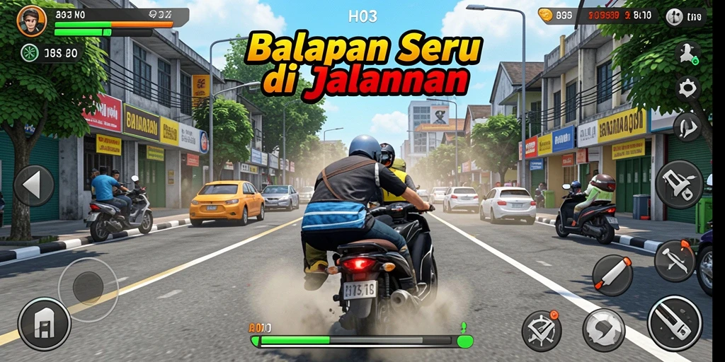 Screenshot H03 menampilkan aksi balapan yang intens di trek yang mendebarkan.