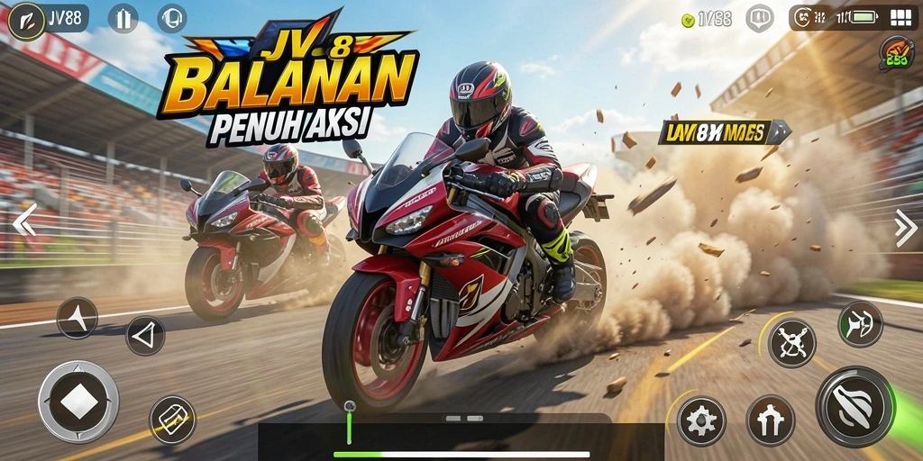 Tangkapan layar <strong>JV88</strong> menampilkan aksi balapan motor yang seru dan menantang.