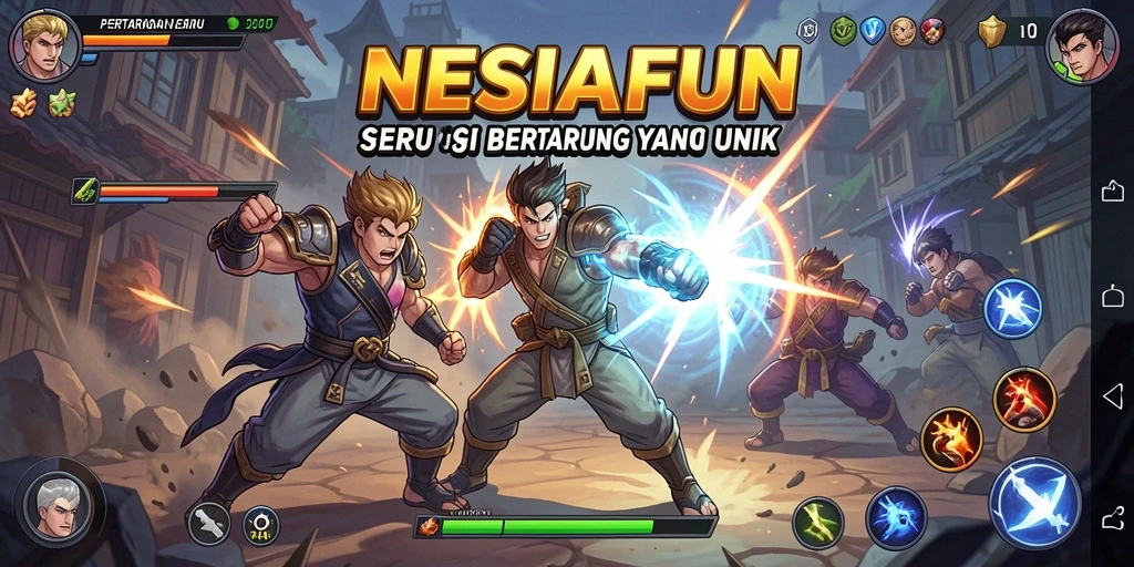 Tangkapan layar NESIAFUN menampilkan karakter bertarung seru di arena.